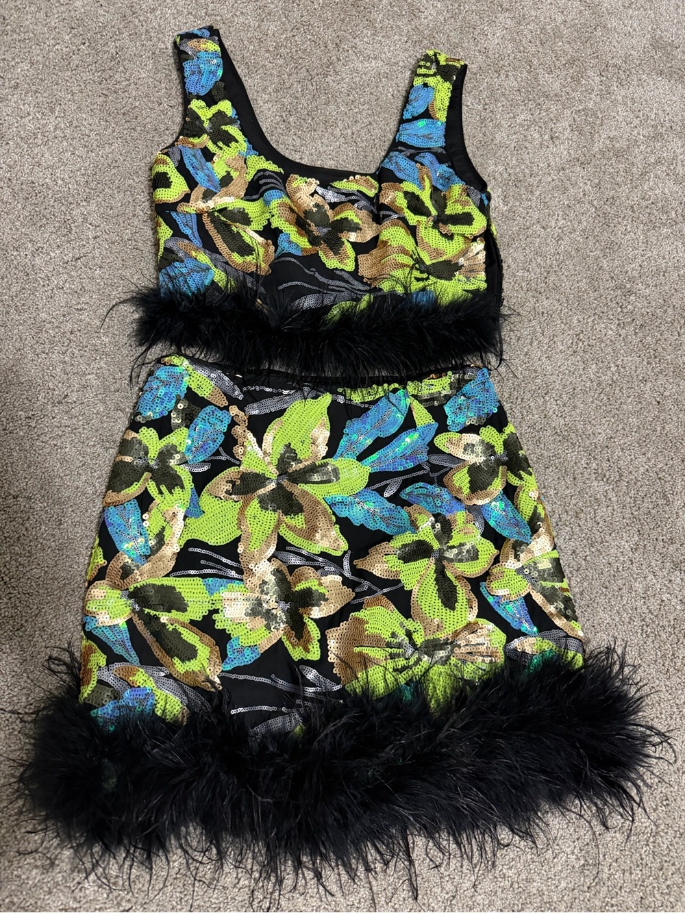QUEEN OF SPARKLES Black Floral Sequin Two-Piece with Feather Trim